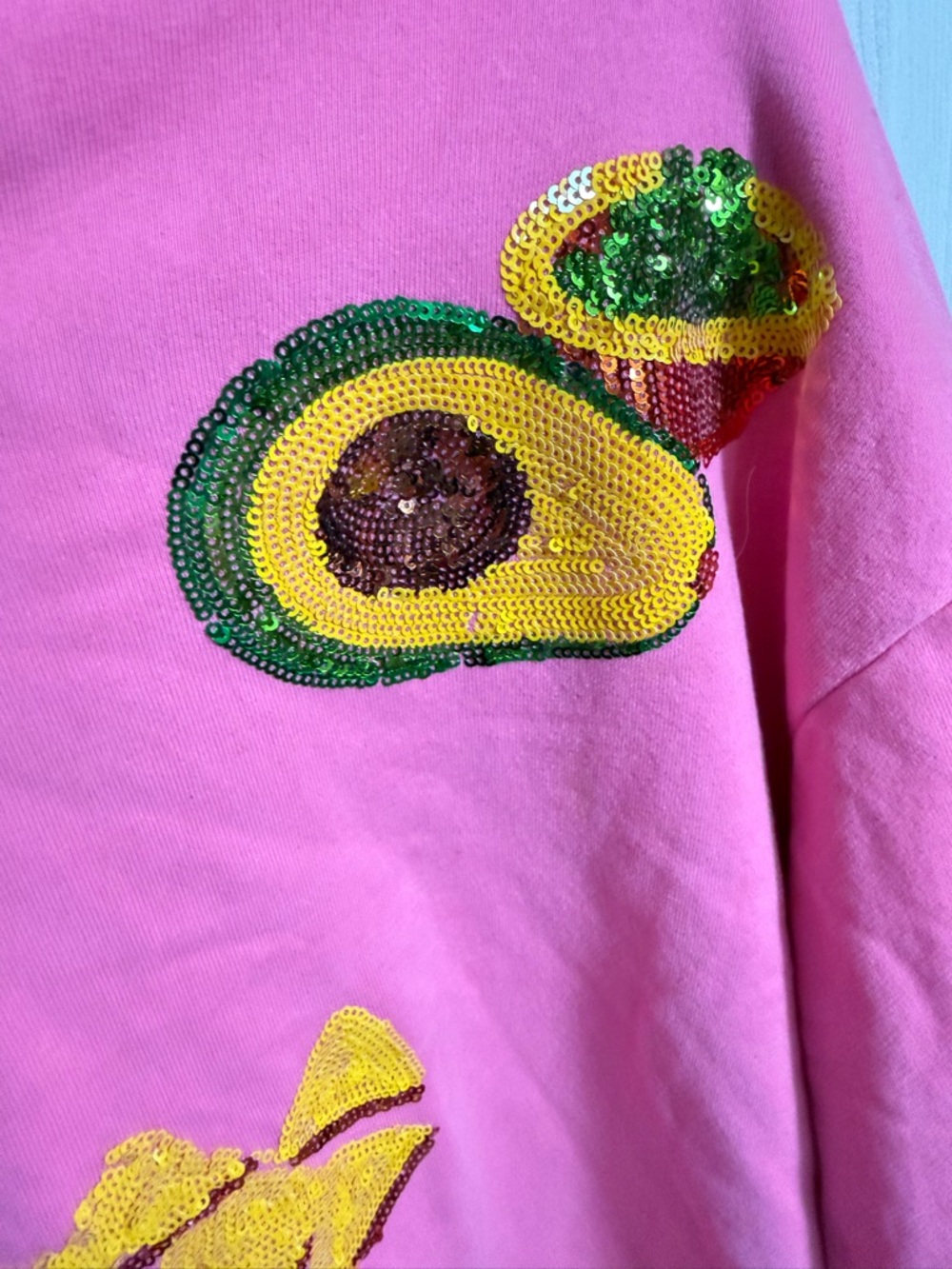 QUEEN OF SPARKLES Pink Sequin Mexican Food Motif Sweatshirt - Picture 4 of 6